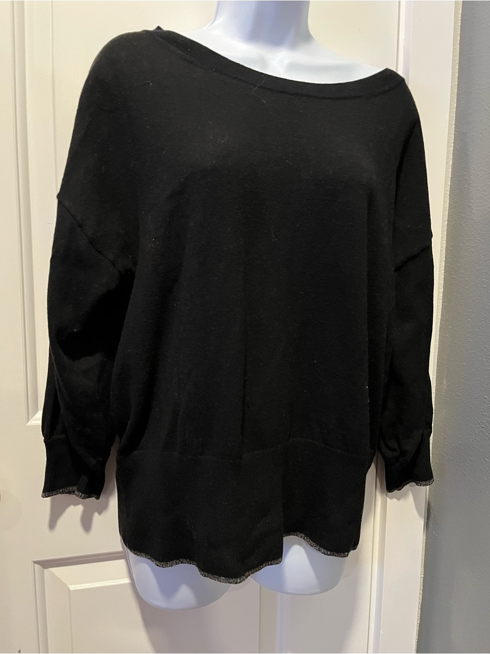 GAP L Tall Black Knit Boatneck Sweater with Gray Trim
